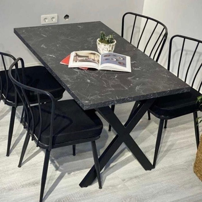 Siyah Mermer Desenli Yemek Masası + 4 Adet Ay Sandalye