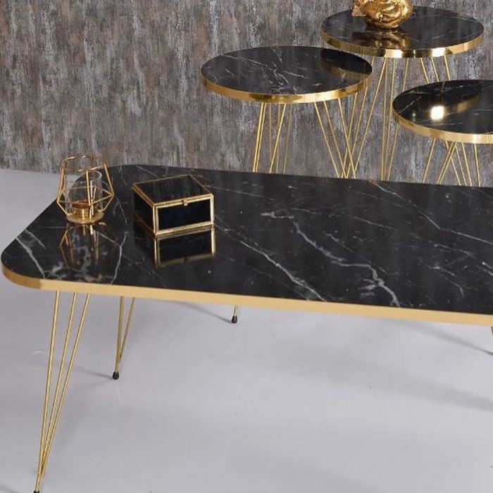 4’lü Sehpa Seti Siyah Mermer Gold Kenar